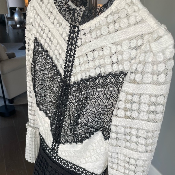 Gianni Bini Liv Mock Neck Lace Black & White Long Sleeve Dress XS | Ruffle Skirt - Picture 9 of 12